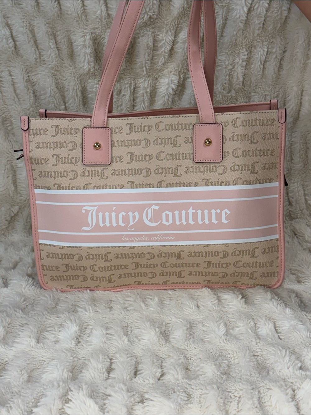 Juicy Couture Beige Monogram Tote with Pink Trim